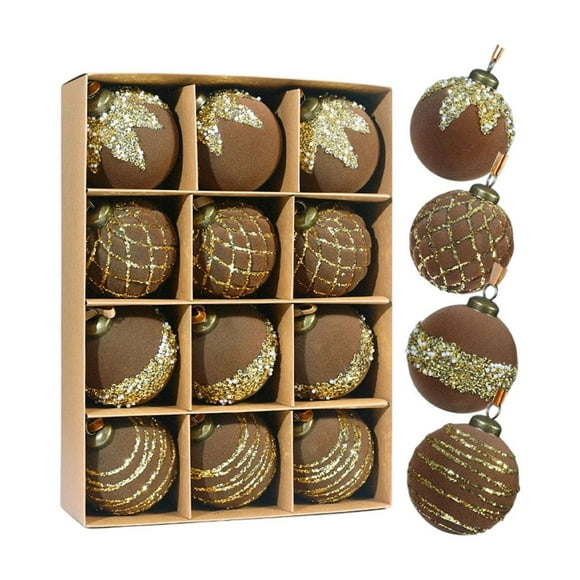 Staron Shatterproof Brown Velvet Christmas Ornaments, 12 Count, 3.15" Large Flocked Christmas Tree Ornaments Holiday Party Christmas Ornaments Sets Hanging Ball for Christmas Tree Decorations