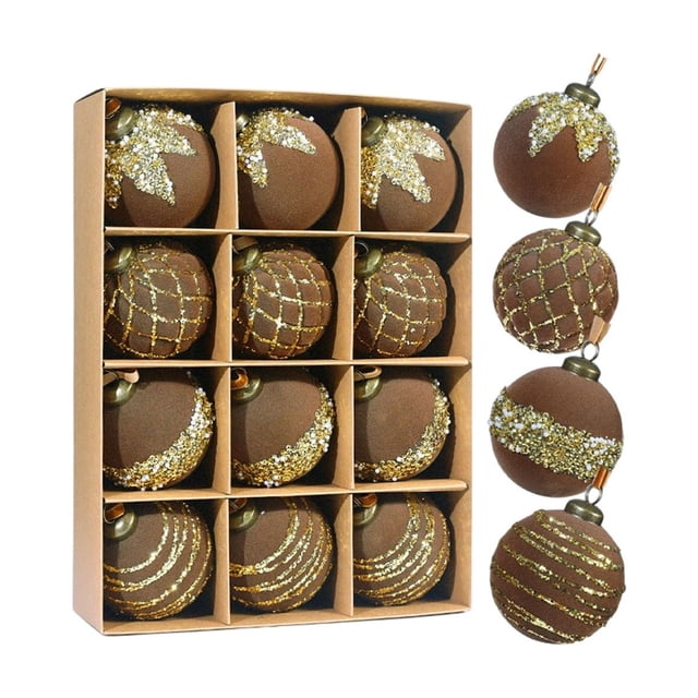 Bolas Decorativas Flocadas Paquete de 12 adornos navideños flocados de 8 cm con purpurina para colgar en el árbol, color verde, rojo y blanco JASKFLY