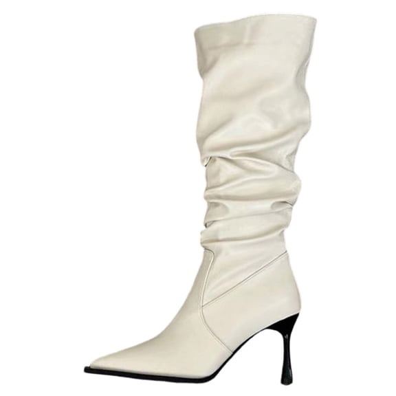 hopeusnice Ruched Pointed Toe Knee High Boot Leather Upper On Style Fashion Night Out Boot Beige 35