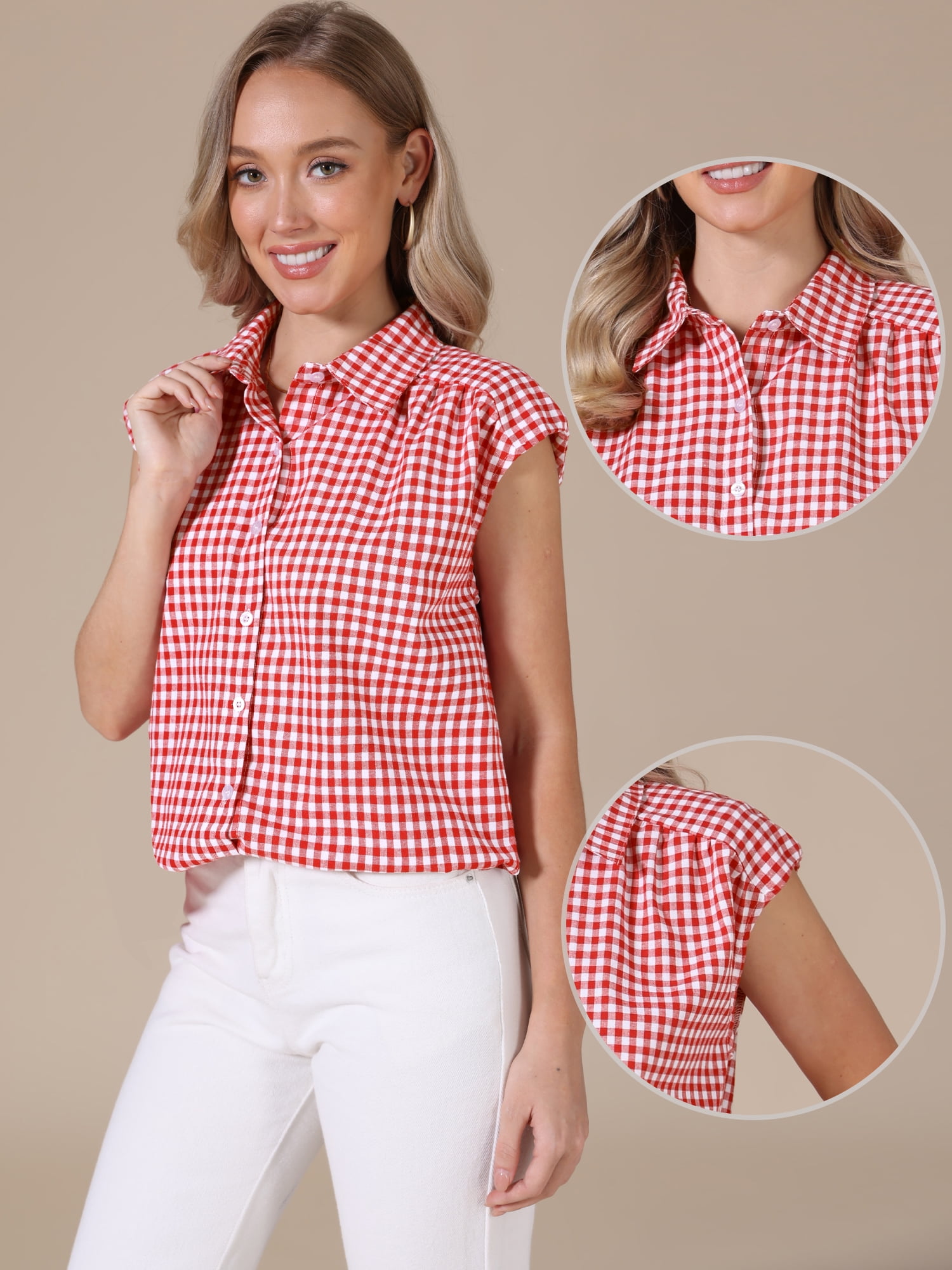 DARING DIVA Women's Gingham Top Work Cap Sleeve Vintage Plaid Button Down Shirts M Red