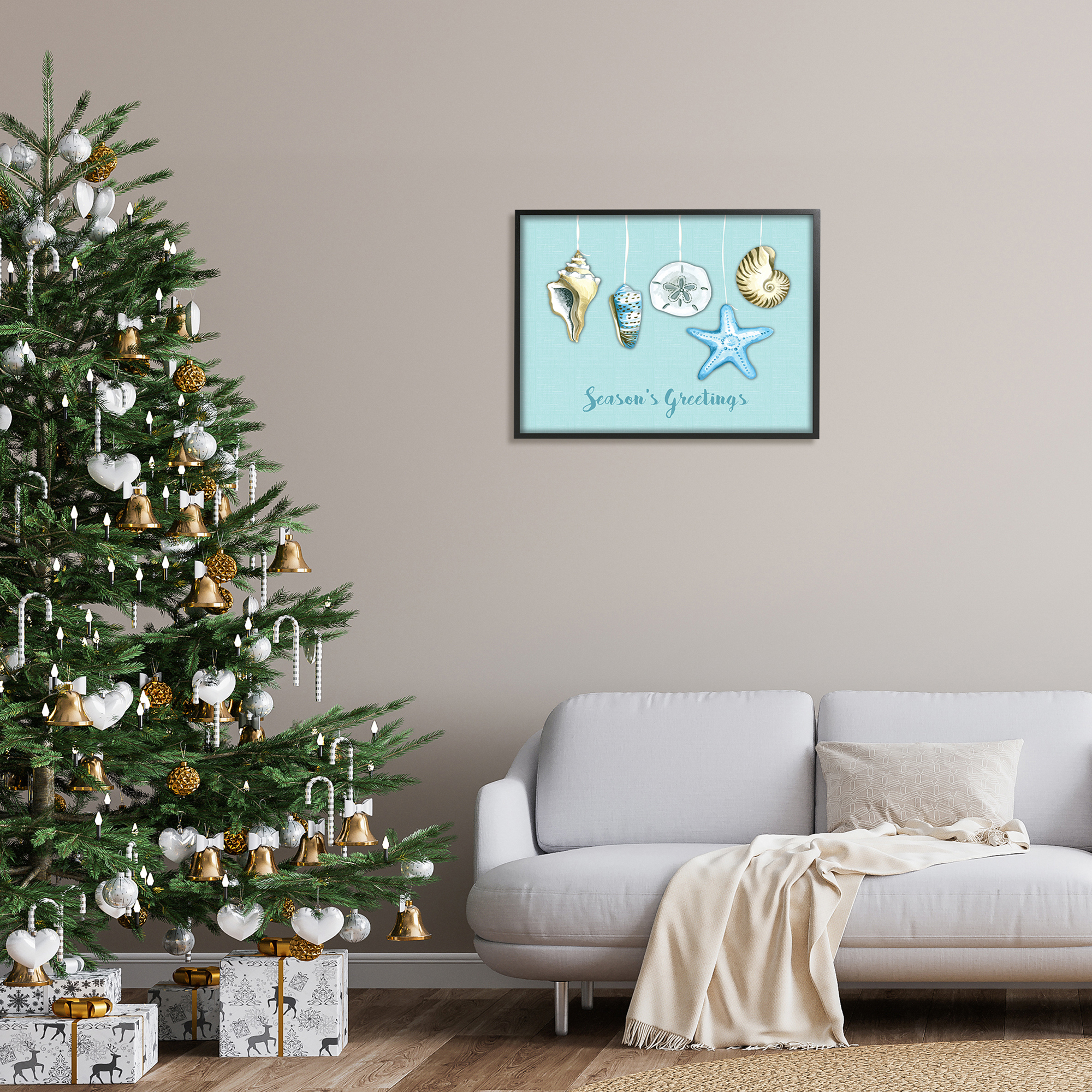 Season's Greetings Festive Beach Holiday Seashells Hanging Coastal Graphic Art Framed Art Print Wall Art