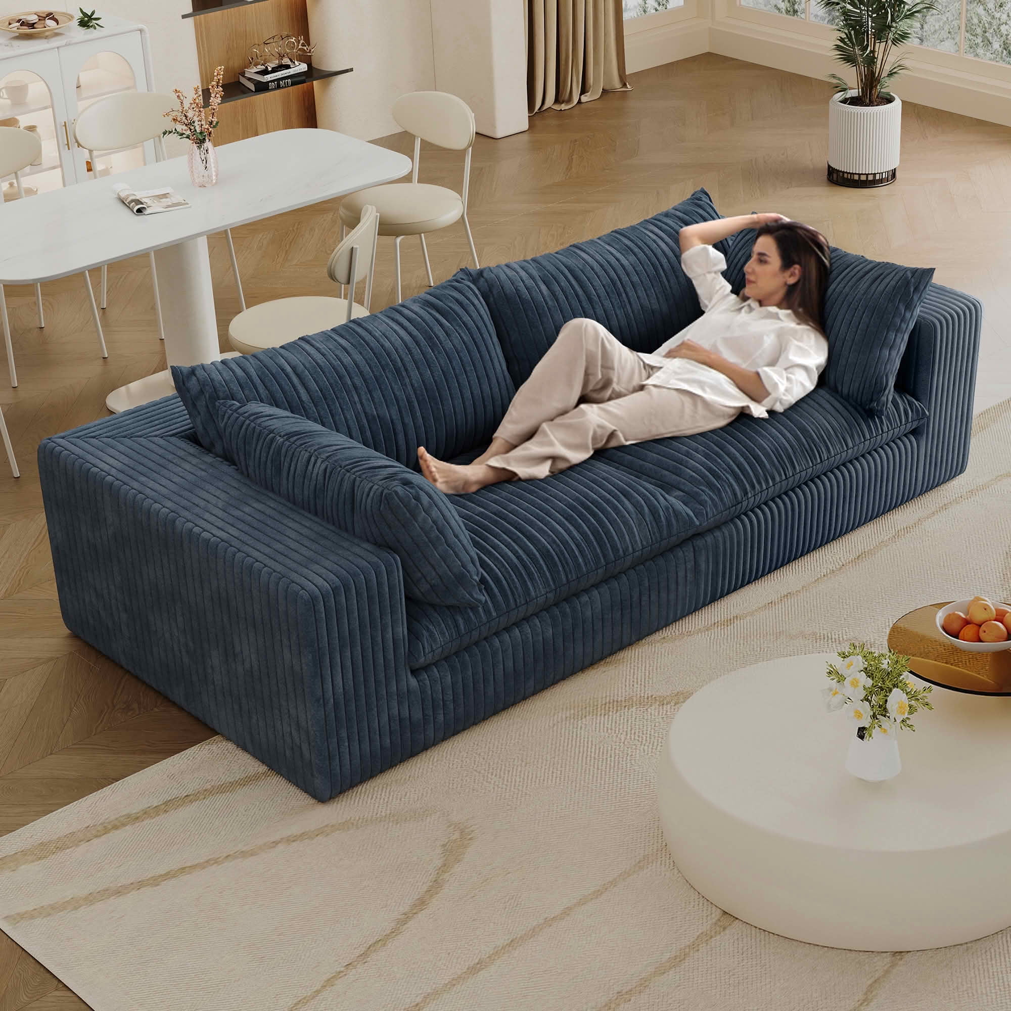 MAYEERTY 78.8" 2-Seat Corduroy Sofa, Feather-Filled Cushion Modular Design, Full Sponge Support No Wooden Frame, No Assembly, Blue