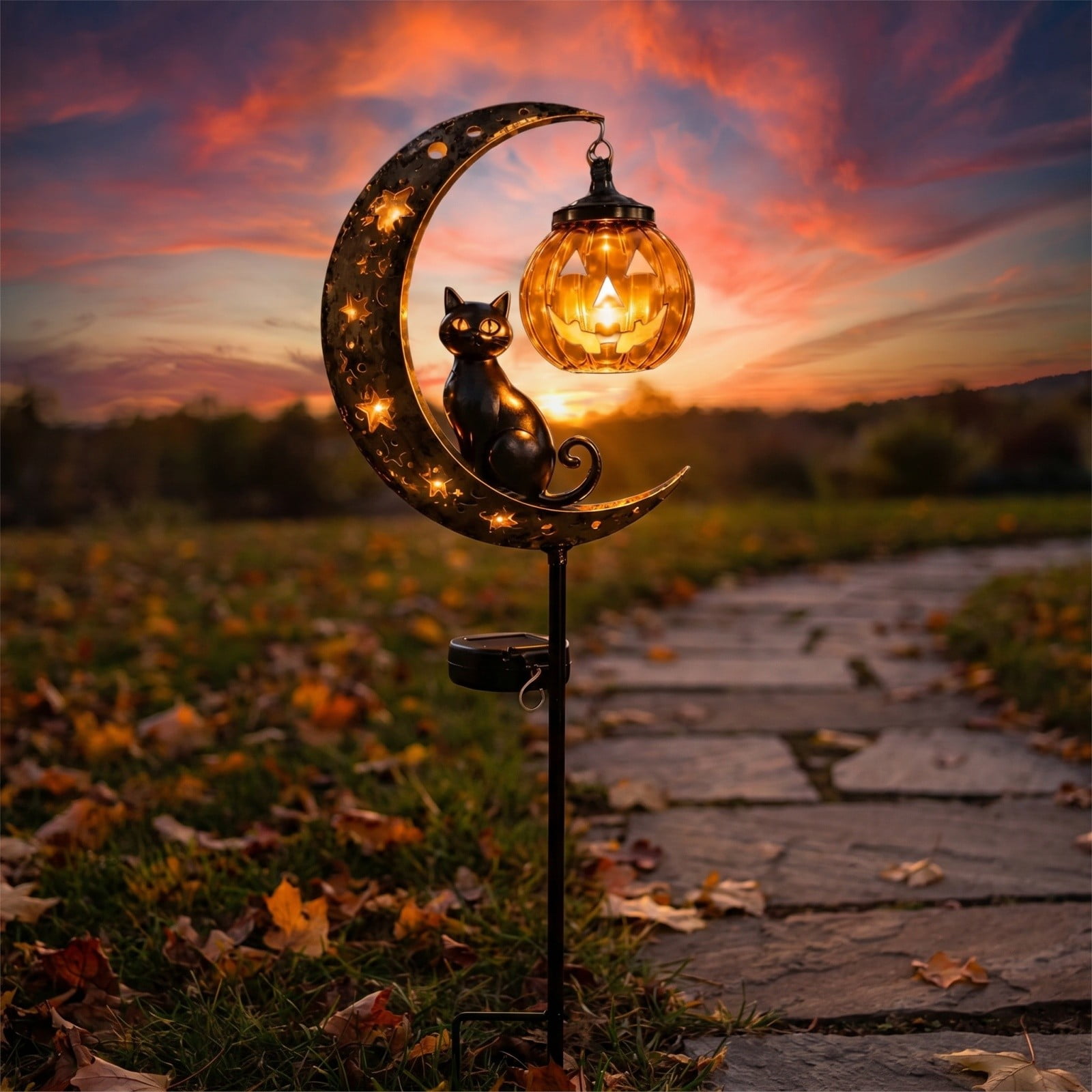 Halloween Solar Garden Stake Light 34.3x7.1x2.4in Metal Crescent Moon with Cat Figurine for Yard Walkway Waterproof Outdoor Decor
