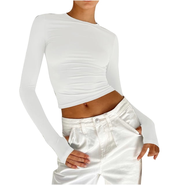 Dealovy Long Sleeve Shirts for Women Crew Neck Basic Tight Crop Tees Solid Color Slim Fitted Undershirts