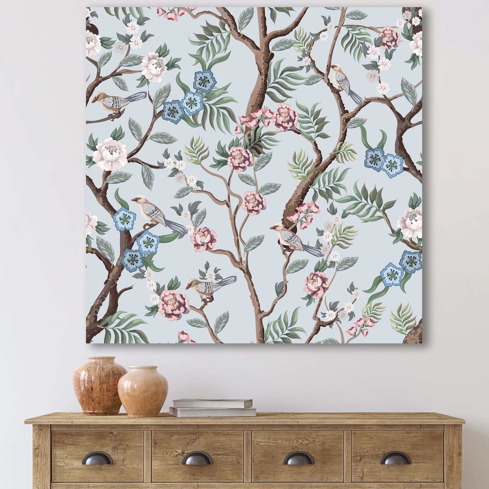 Birds and Peonies With Chinoiserie X 30 in x 30 in Painting Canvas Art Print, by Designart