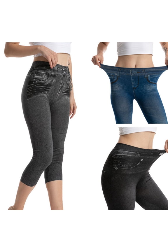 Faux Denim Capri Leggings for Women Butt Lifting Tights Stretch High Waisted Yoga Pants Soft Tummy Control Cropped Leggings Athletic Activewear