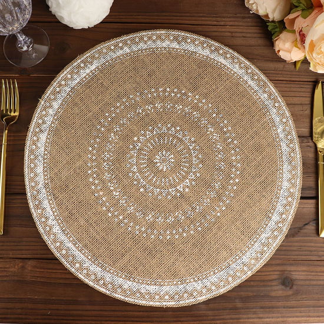 Faux Rustic Barn Wood Placemats for Round Table Tactile Basket Texture  Turned Hem Edges , Waterproof Non Slip Wipe Clean 