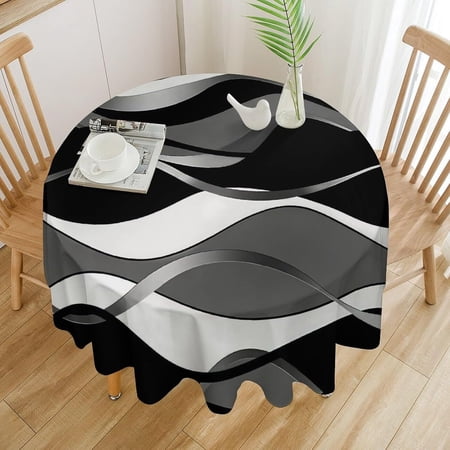 Odenmar 70 Inch Round Tablecloth Modern Black Grey Minimalist Table Cover Neutral Wave Design Tablecloth Washable Spill Resistant Polyester Tablecloth for Dining Table Home Decor