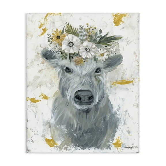 Stupell Industries Grey Cattle with Flowers Animals & Insects Painting Gallery Wrapped Canvas Art Print Wall Art, 16 x 20