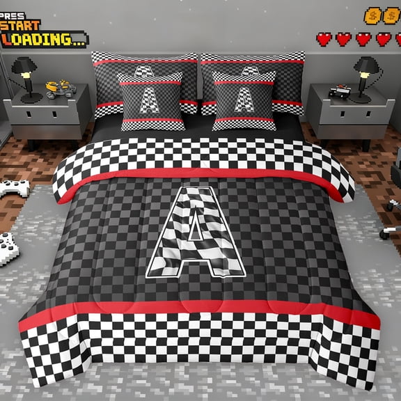 Erosebridal Racing Flag Twin Bedding Sets for Kids Boys, Monogrammed A Bedding Comforter Set, Black Reversible 7 Pieces