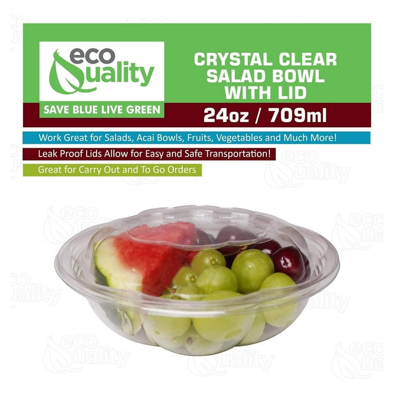 EcoQuality 24oz Salad Bowls To-Go with Lids (300 Count) - Clear Plastic Disposable Salad Containers | Airtight Lunch Salads Parfait Fruits Leak Proof