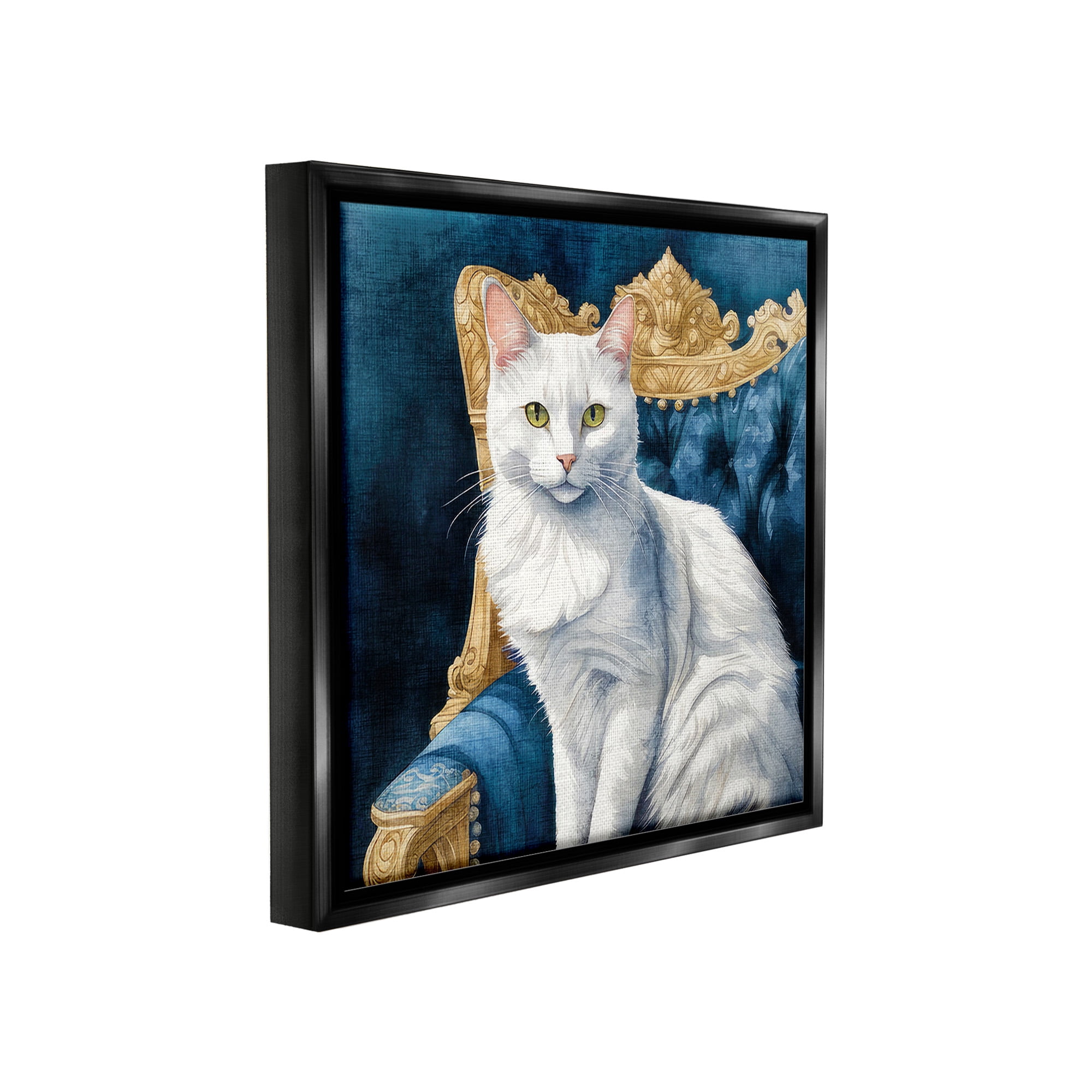 Stupell Industries White Cat & Ornate Chair Animals & Insects Painting Black Floater Framed Canvas Art Print Wall Art, 18 x 18