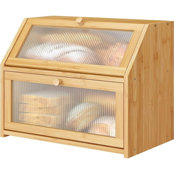 Green Bread Box for Kitchen Counter, Large Bamboo Wood Double Layer Bread Box, Wooden Bread Storage Capacity