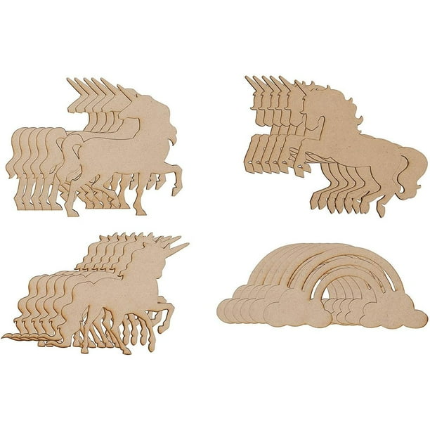Wood Cutouts 24Pack Unfinished Wooden Cutouts, 4 Unicorns and