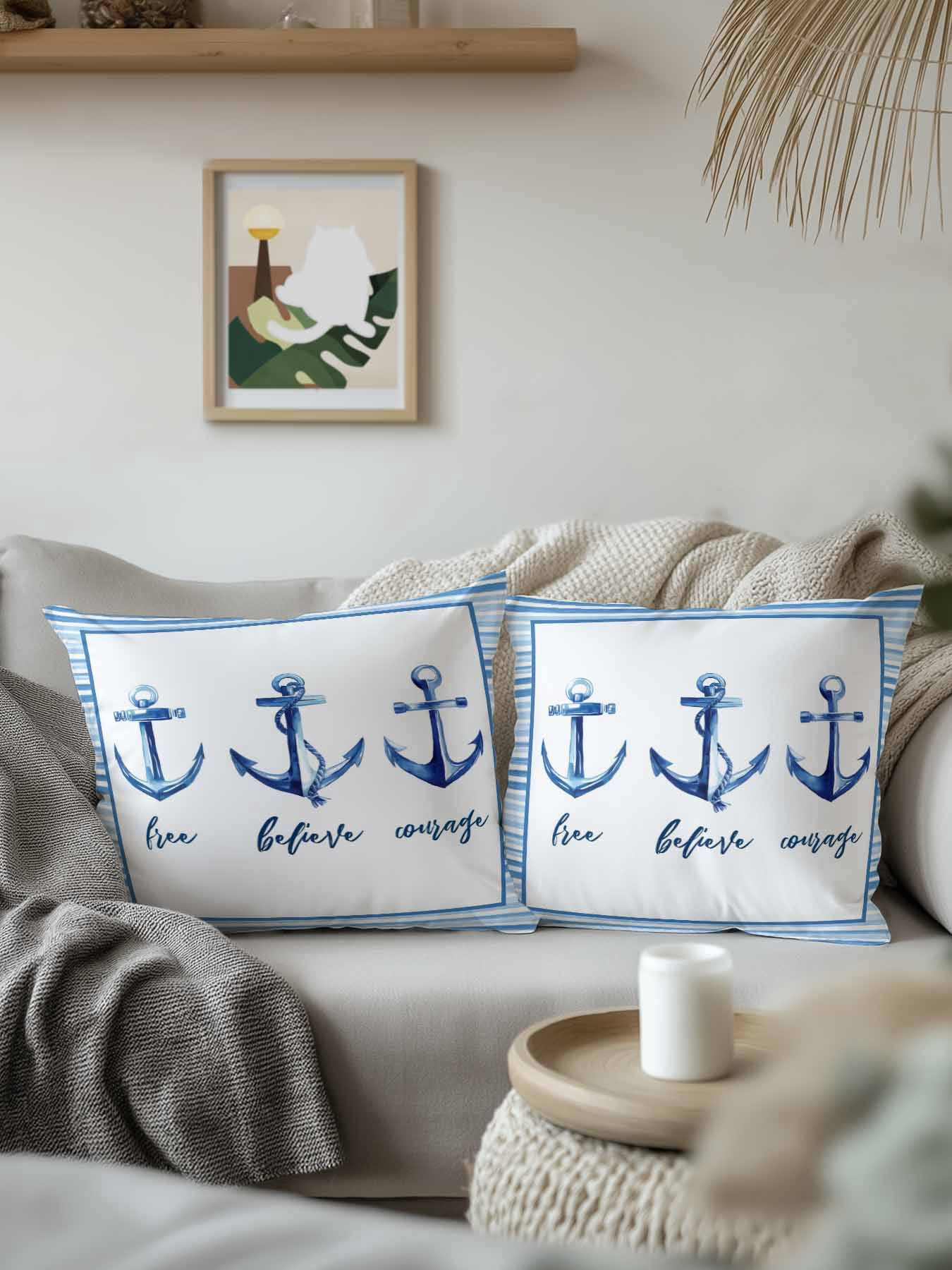 1 Pack Outdoor Pillows Waterproof, Nautical Anchor Indoor/Outdoor Throw Pillows with Inserts, Summer Coastal Ocean Anchor Blue Stripes Decorative Pillow for Patio Furniture Chairs Couch