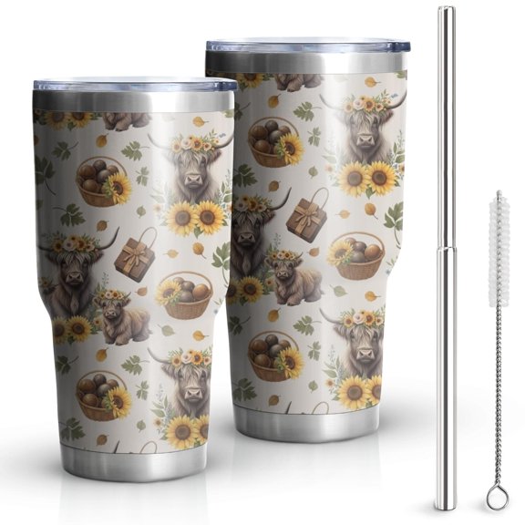 30oz Beige Highland Cow Sunflower Basket Pattern Tumblers Stainless Steel Tumbler with Lid and Straw,Vacuum Insulated Double Wall Travel Tumbler Cups Mug with Cleaning Brush for Coffee,Tea