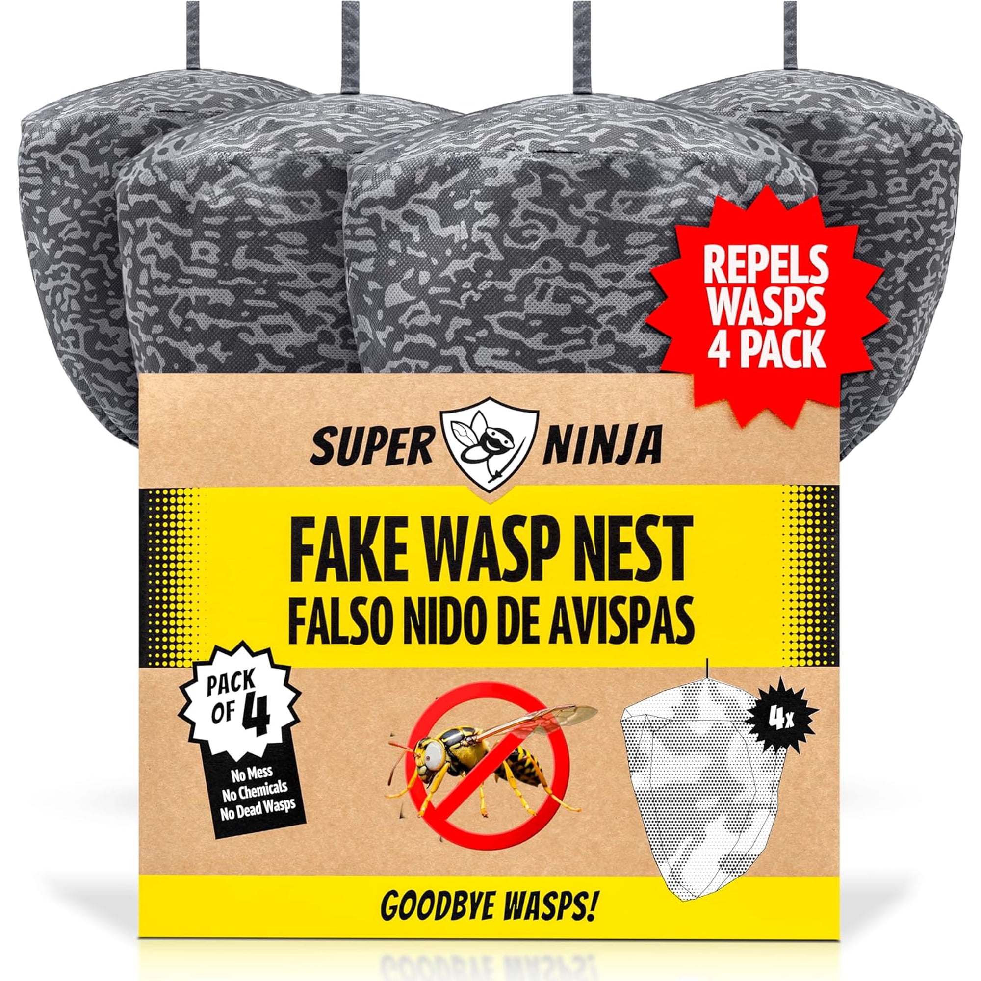 Super Ninja Fake Wasp Nest - 4 Pack, Wasp Nest Decoy for Outdoor Hanging, Yellow Jackets & Bee Repellent Outdoor, Waterproof & Tear-Resistant Deterrent for Patio & Garden