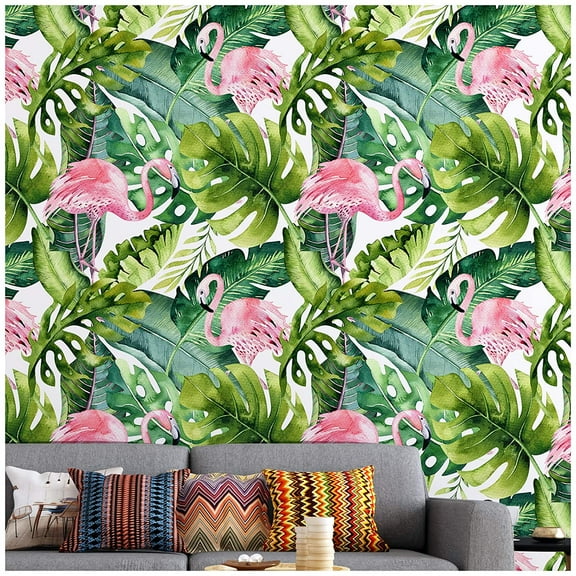 Watercolor Flamingo Tropical Peel and Stick Wallpaper Removable Green/Pink Vinyl Self Adhesive Shelf Liner 17.7in x 9.8ft