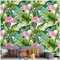 Watercolor Flamingo Tropical Peel and Stick Wallpaper Removable Green/Pink Vinyl Self Adhesive Shelf Liner 17.7in x 9.8ft