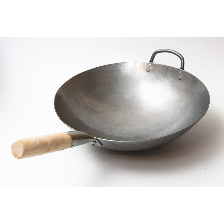14 inch Flat Bottom Carbon Steel Hand Hammered Wok with a Wooden