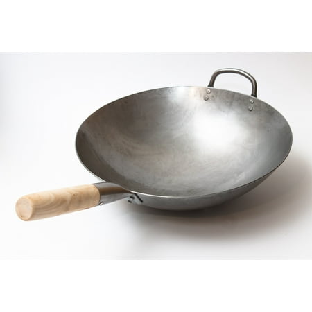 Craft Wok Traditional Hand Hammered Carbon Steel Pow Wok with Wooden and Steel Helper Handle (14 Inch, Round Bottom) / 731W88