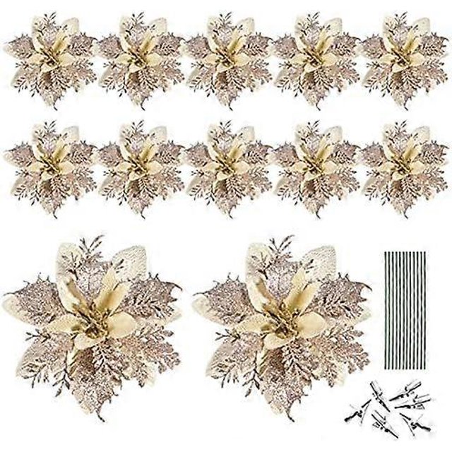 Christmas Glitter Artificial Poinsettia Flower Pattern 12Pcs Christmas Tree Flower Pattern Ornaments Xmas Party Decoration with 12Pcs Stems and Clips