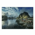 thumbnail image 1 of Island Cutting Board, Fishing Hut Photo in Autumn with Rocks and Clouds Scenery Northern Norway Cold, Decorative Tempered Glass Cutting and Serving Board, Small Size, Blue Grey White, by Ambesonne, 1 of 1