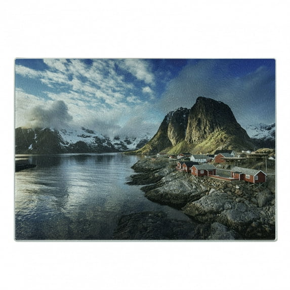 Island Cutting Board, Fishing Hut Photo in Autumn with Rocks and Clouds Scenery Northern Norway Cold, Decorative Tempered Glass Cutting and Serving Board, Small Size, Blue Grey White, by Ambesonne