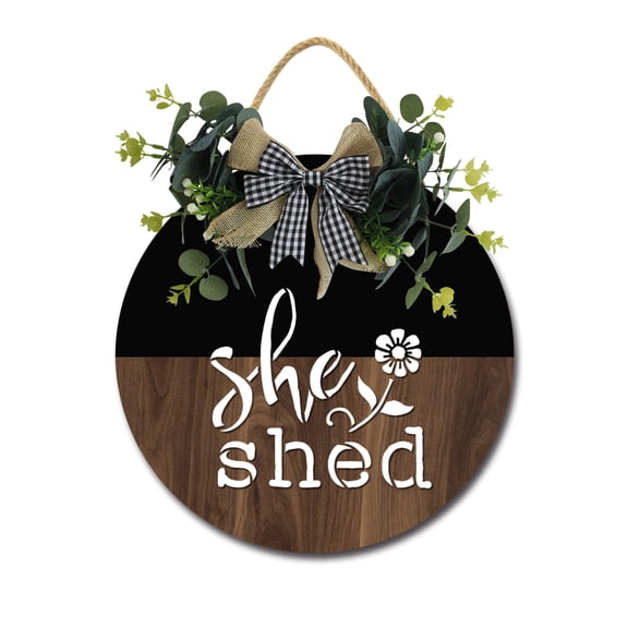 She Shed Front Door Sign Funny Wreaths Hanging Wooden Plaque Decoration Round Rustic Wood Farmhouse Porch Decor for Home Front Door Decor, 12 x 12 Inch