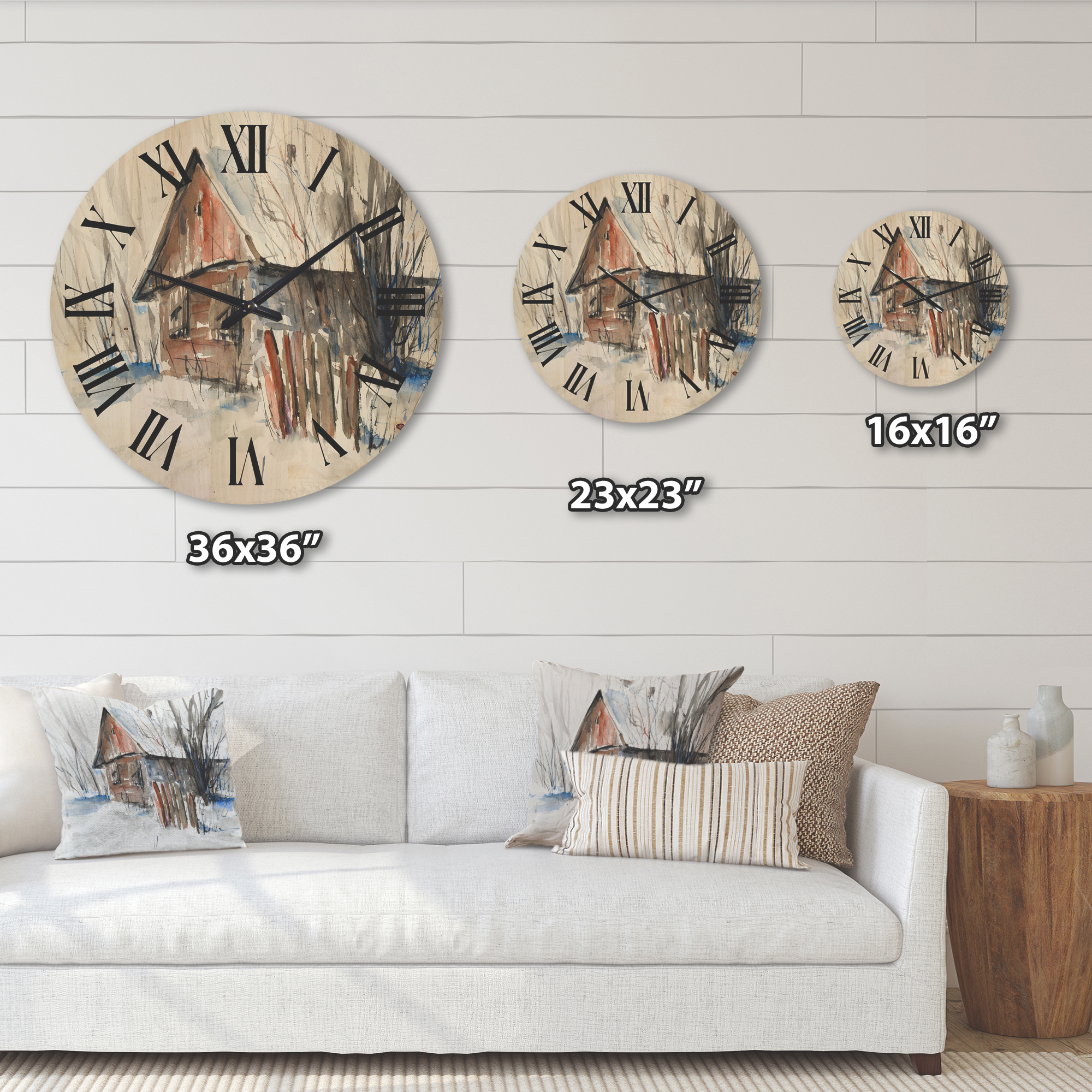 Designart 'Old Abandoned Wooden House In Winter Snow Picture' Traditional Wood Wall Clock