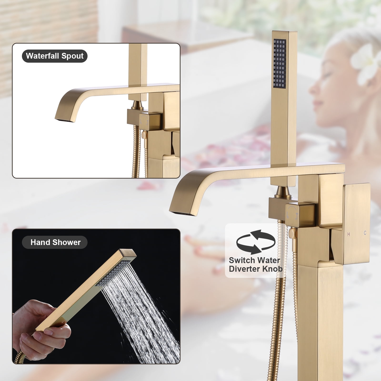 Wowow Single handle Floor Mount Freestanding Waterfall Bathtub Faucet in Gold with Handheld Shower (Valve Included)