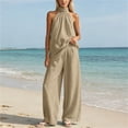 thumbnail image 2 of Womens Solid Color 2 Piece Outfit Set Halter Sleeveless Button Top Pocket Elastic Waist Wide Leg Pants Casual Vacation Matching Suit Khaki M(M), 2 of 7