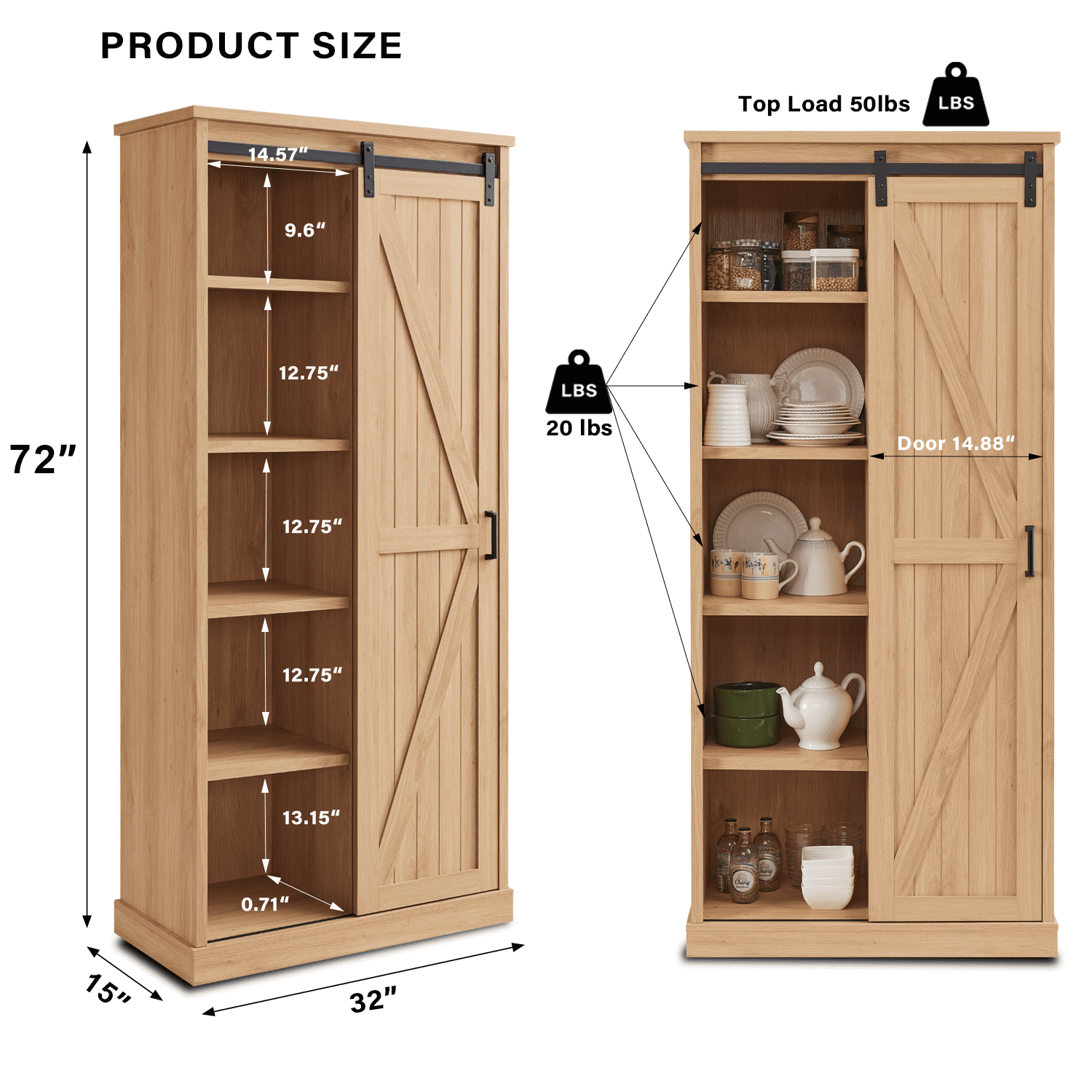 wow97e 5-Shelf Bookcase with Adjustable Shelves and Sliding Barn Door, 72" Tall Farmhouse Bookshelf for Living Room, Office