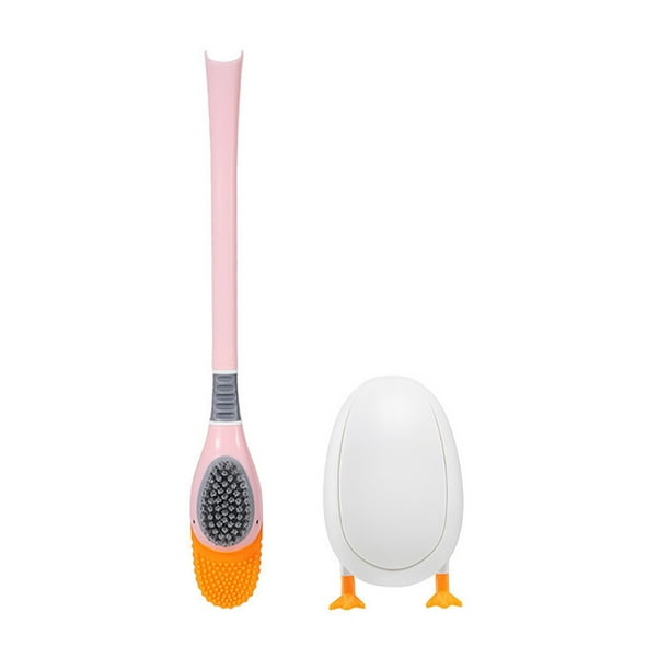 Cateissary Soporte para escobilla de baño Forma de pato Lindo Soporte de fregador montado en la pared Cepillos flexibles flexibles Limpieza de Suministros de limpieza para el hogar Rosa