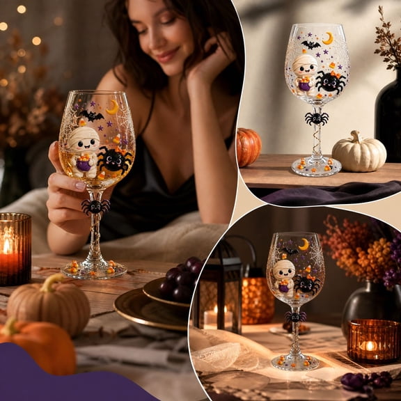 Halloween Decorative Glass Goblet, Tall Themed Wine Cup for Home Bar, Dining Table, Party Centerpiece, Kitchen Display and Spooky Seasonal Decor, Style B