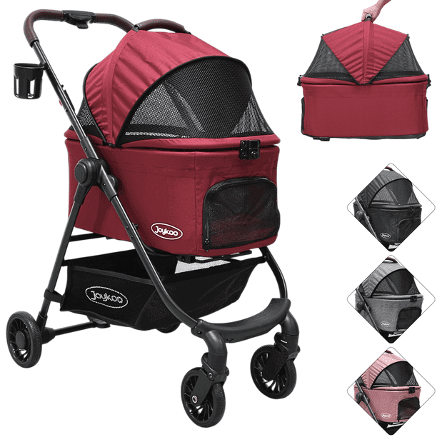 Carriola para Mascotas Cochecito para Perros y Gatos Pequeños - Medianos Transportadora Extraíble Ligera y Plegable con Freno - Rojo