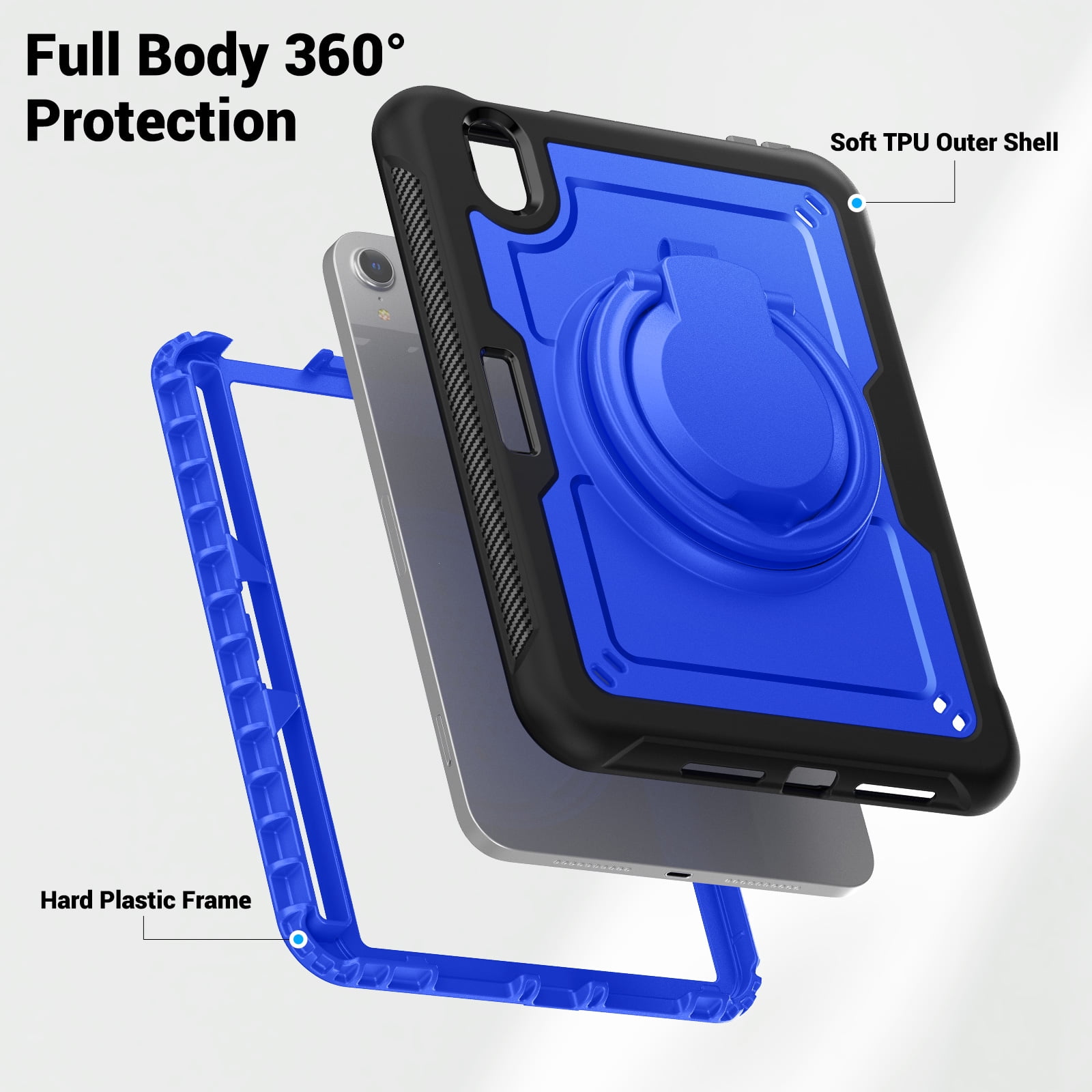 Shockproof Case for Apple iPad Mini 6th 7th Generation 8.3 Inch, Rugged Hybrid Protective Cover with Pencil Holder & Shoulder Strap Kids Friendly Rotating Kickstand Case for iPad Mini 6 7,Darkblue
