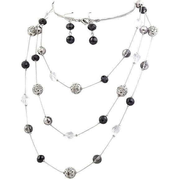 Bocar Fashion 3 Layer Handmade Beads Necklace Earring Set Long Illusion Necklace for Women