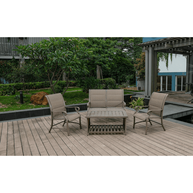 Veryke 4 Piece Patio Conversation Set Loveseat, 2 Chairs, Faux Wood Table, Patio Seating Chat Set for Garden, Backyard, Poolside