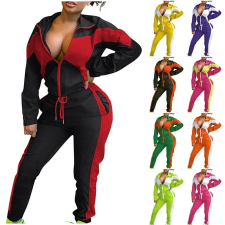 Brnmxoke Women s 2 Piece Set Sweatsuit Color Block Long Sleeve Zipper Jacket Drawstring Waist Jogger Pants Lounge Matching Set Yellow M