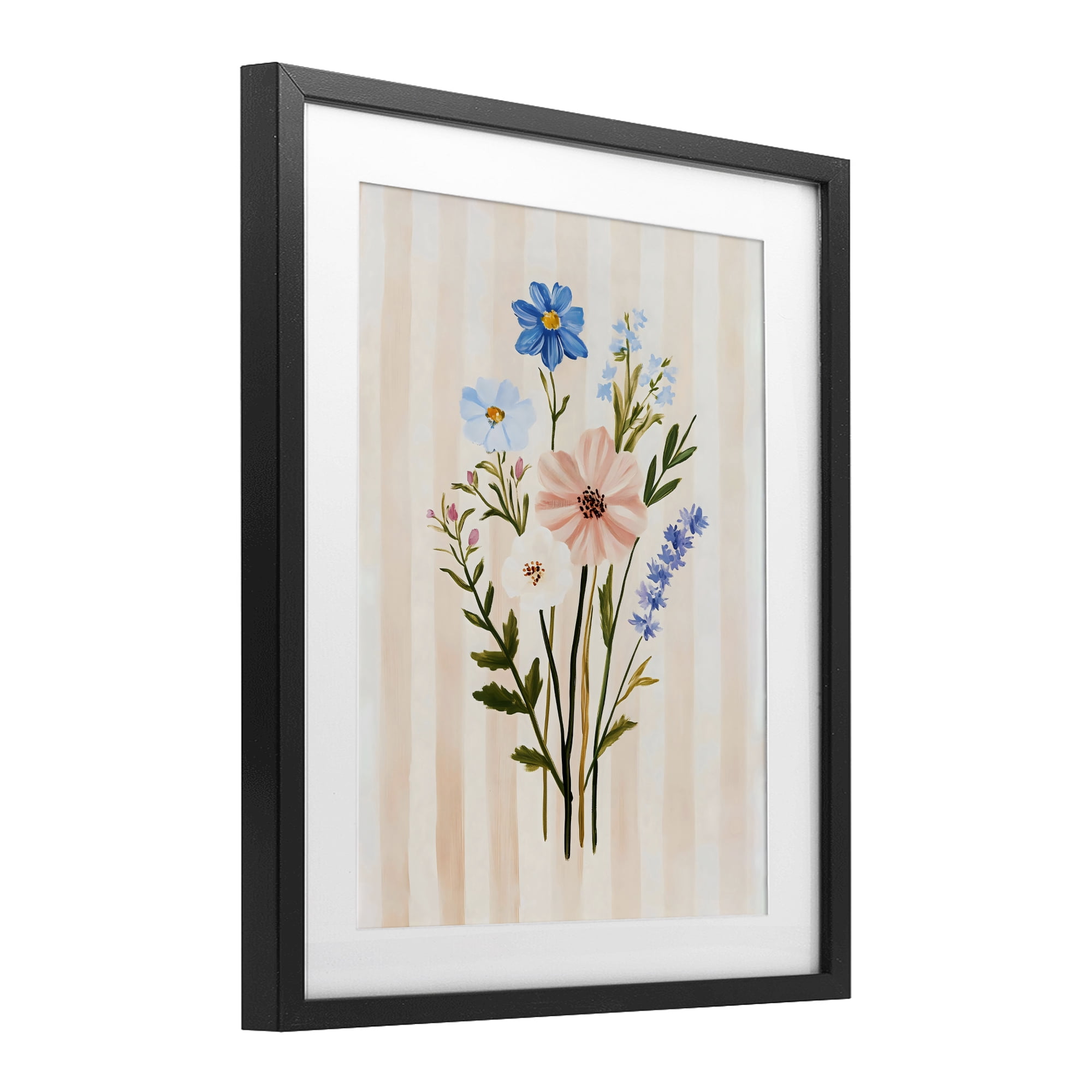 Stupell Industries Cream Stripe Florals Black Framed Print Under Glass, design by The Prints Vibe
