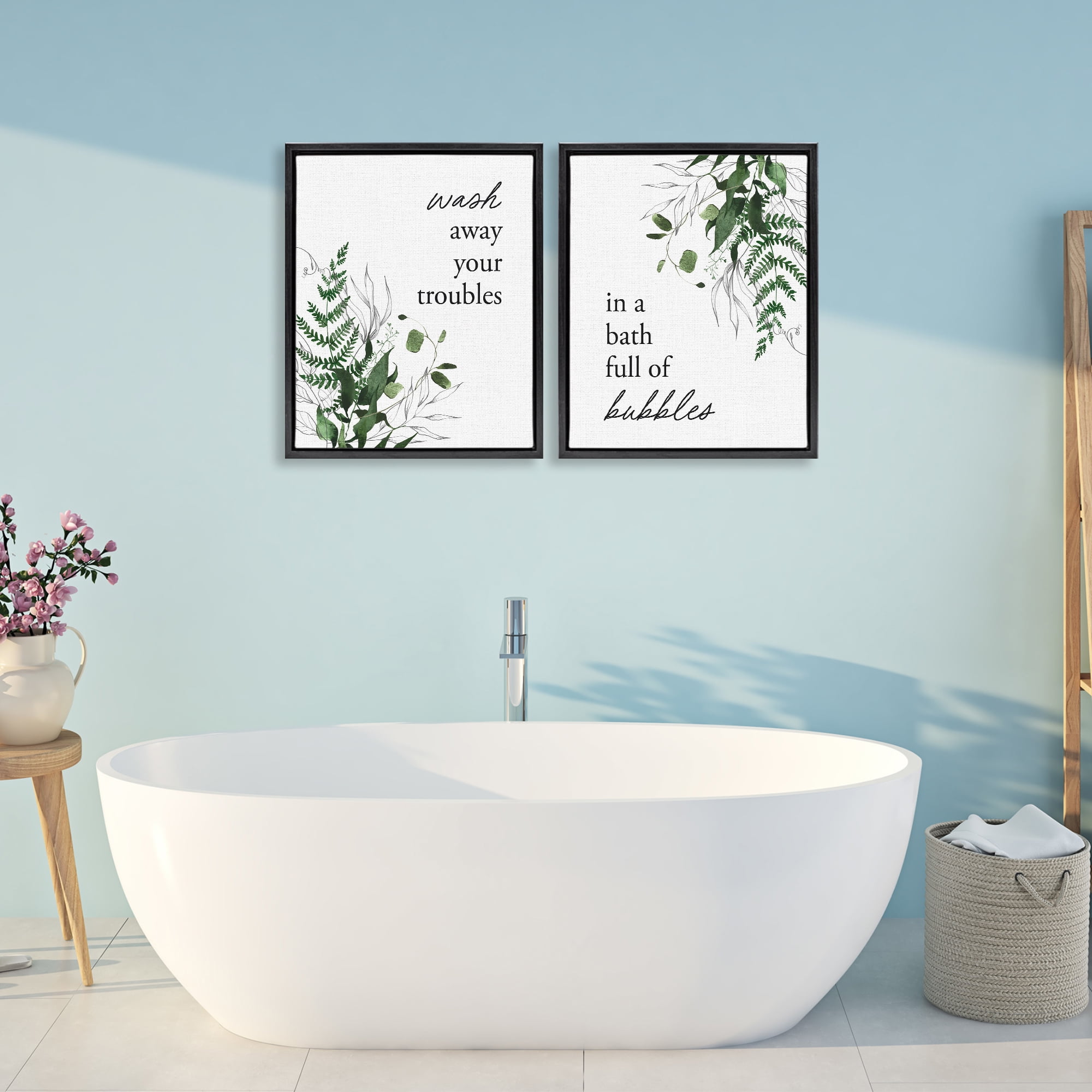 Bubble Bath with Forest Foliage 2 Piece Black Framed Floater Canvas Set, design by Lettered and Lined