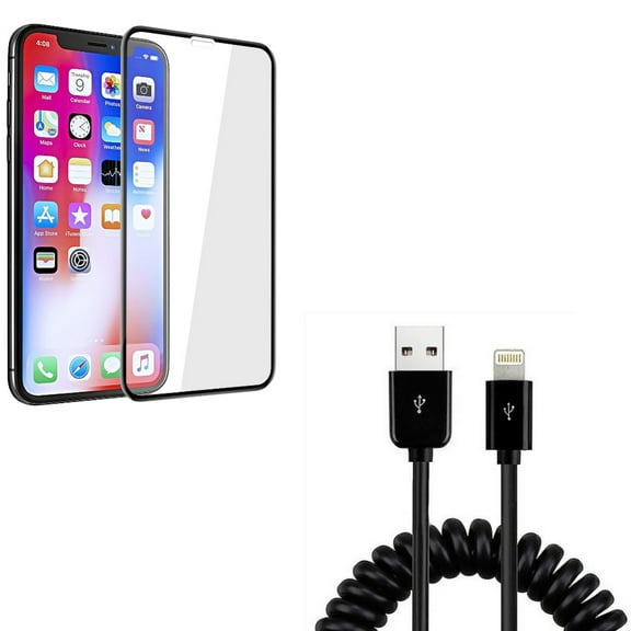 USB Cable w Screen Protector for iPhone XR - Coiled Charger Cord Power Sync, Tempered Glass 5D Touch Curved Edge Full Cover Bubble Free
