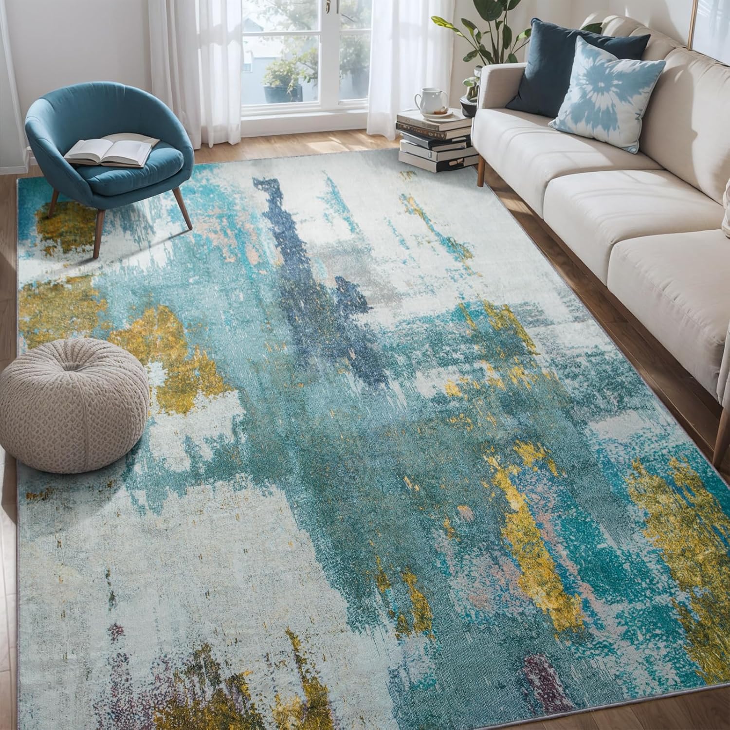 Lochas Modern Vintage Abstract Rug Fluffy Area Rugs Soft Carpet for Living Room Bedroom Home Decor,5'x7',Blue