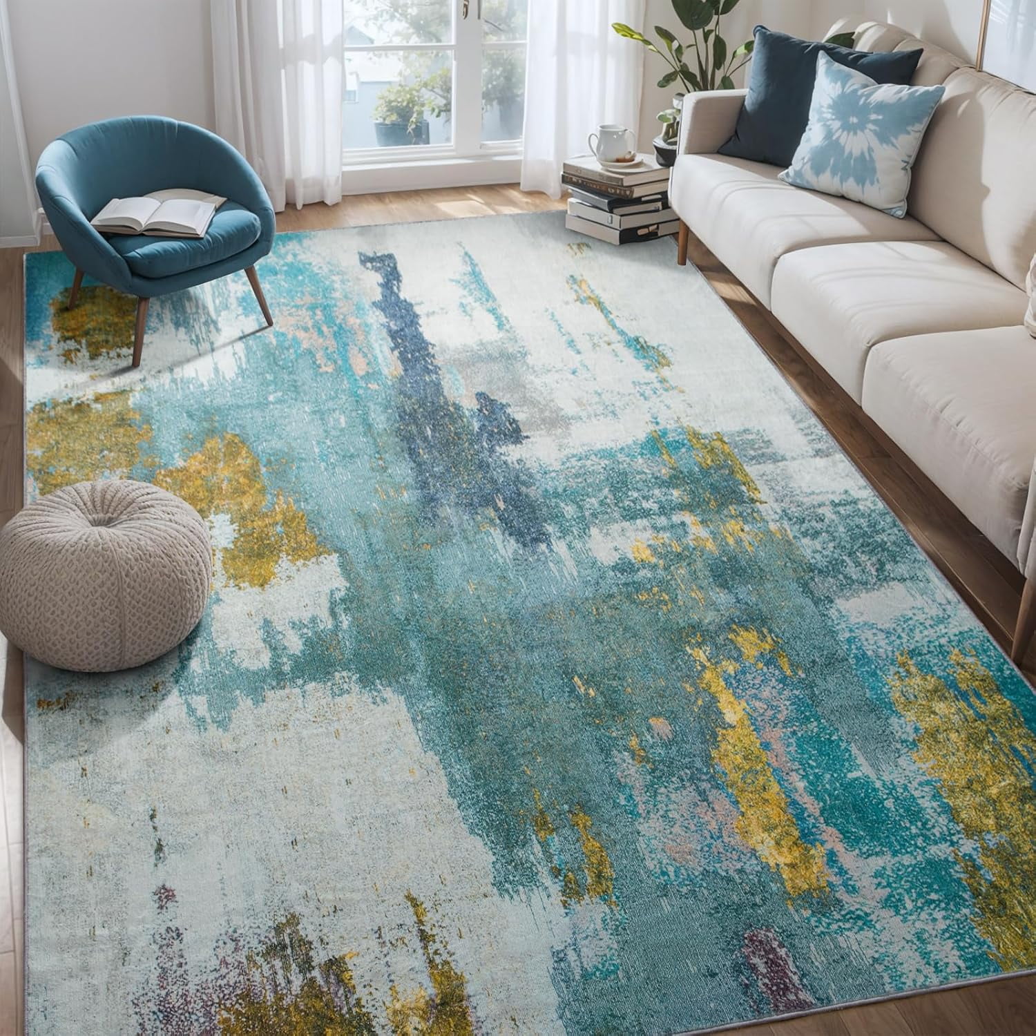 Lochas Modern Vintage Abstract Rug Fluffy Area Rugs Soft Carpet for Living Room Bedroom Home Decor,5'x7',Blue