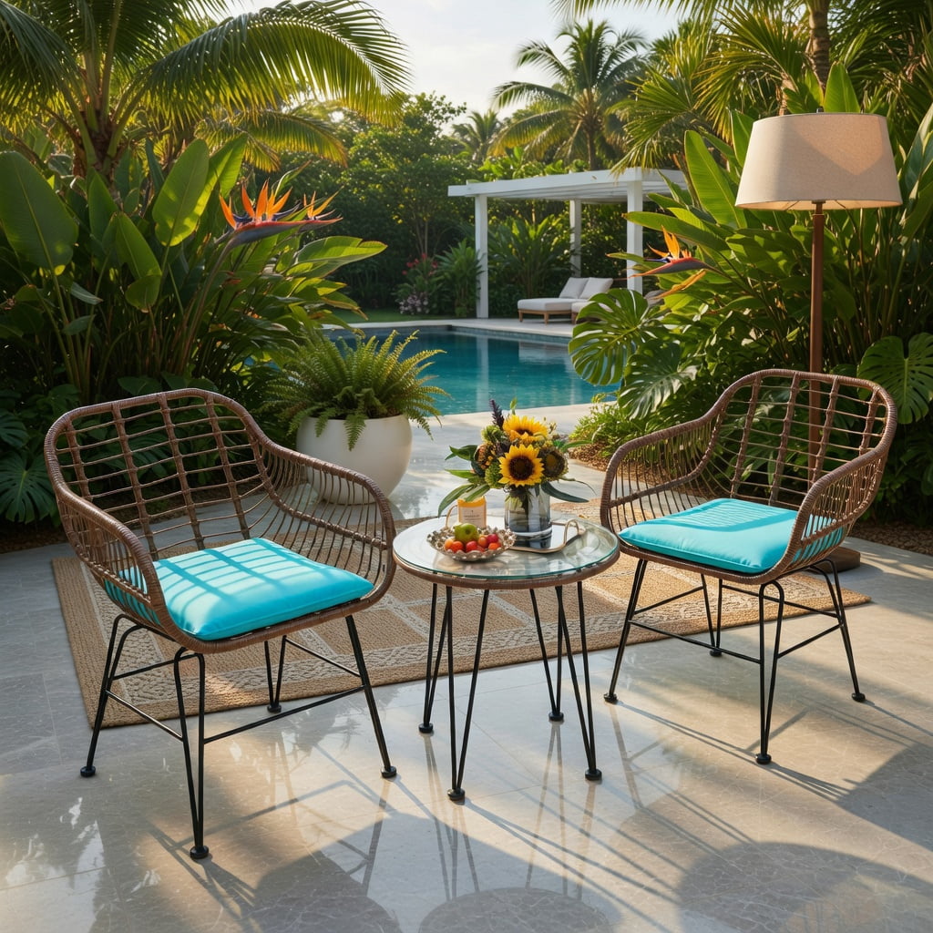 Hommoo 3-Piece Outdoor Rattan Bistro Set with Cushions, Brown Wicker, Tempered Glass Table & Removable Cushions for Patio, Balcony, Poolside, Turquoise