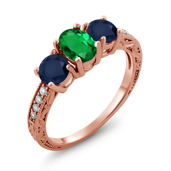 Gem Stone King 1.92 Ct Oval Green Nano Emerald Blue Sapphire 18K Rose Gold Plated Silver Moissanite Ring (Size 6)