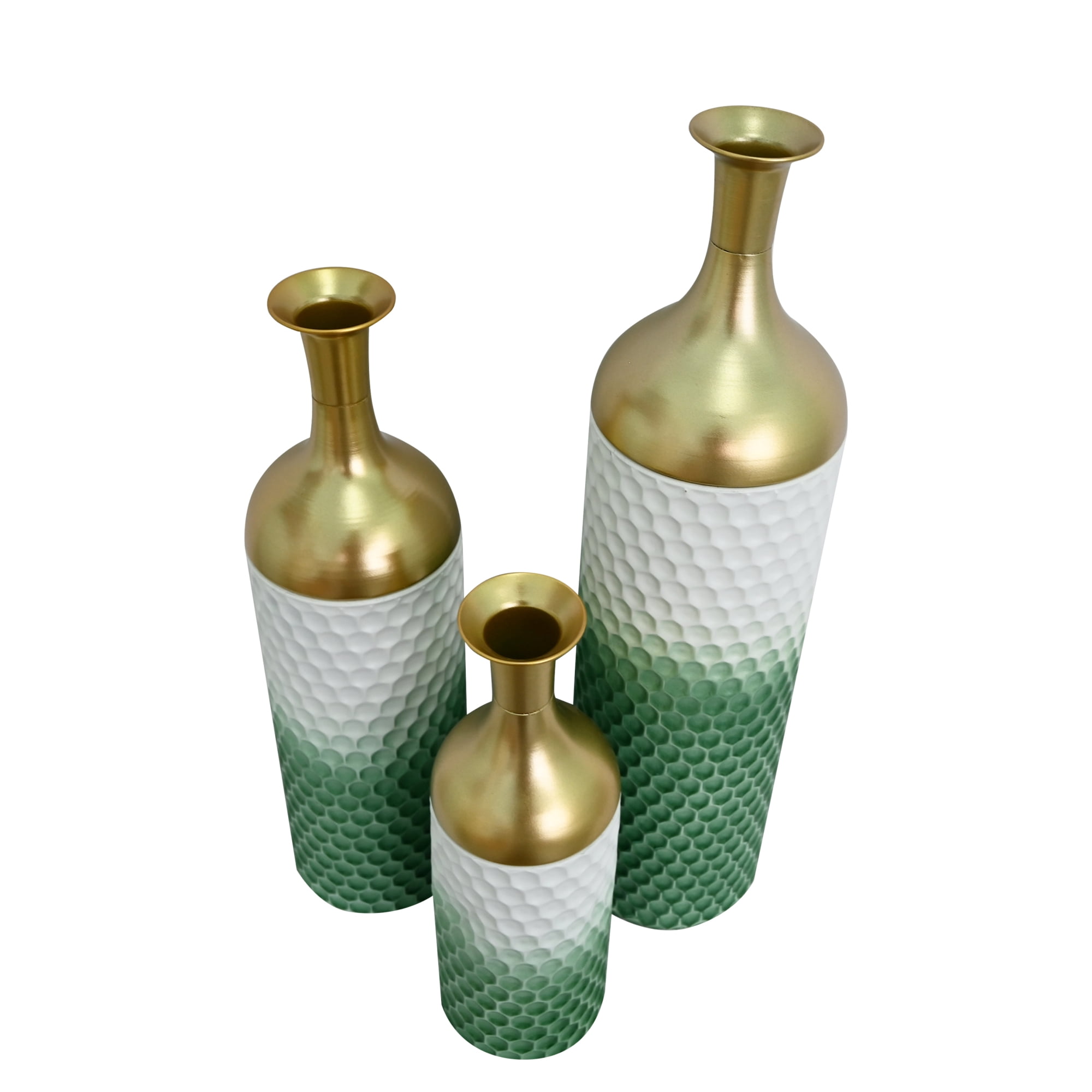 Leumius Decorative Metal Vases Set of 3, Green Leaf Pattern Floor Vases, Green &White Tall Vases for Home Decor, Living Room Entryway Decor