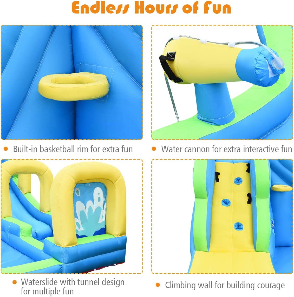 OLAKIDS Inflatable Water Slide, Bouncing House with Slide, Climbing Wall, Splash Pool, Basketball Rim, 2 Water Blasters, Jumping Castle, Accessories with Carrying Bag, Repairing Kit, Hose