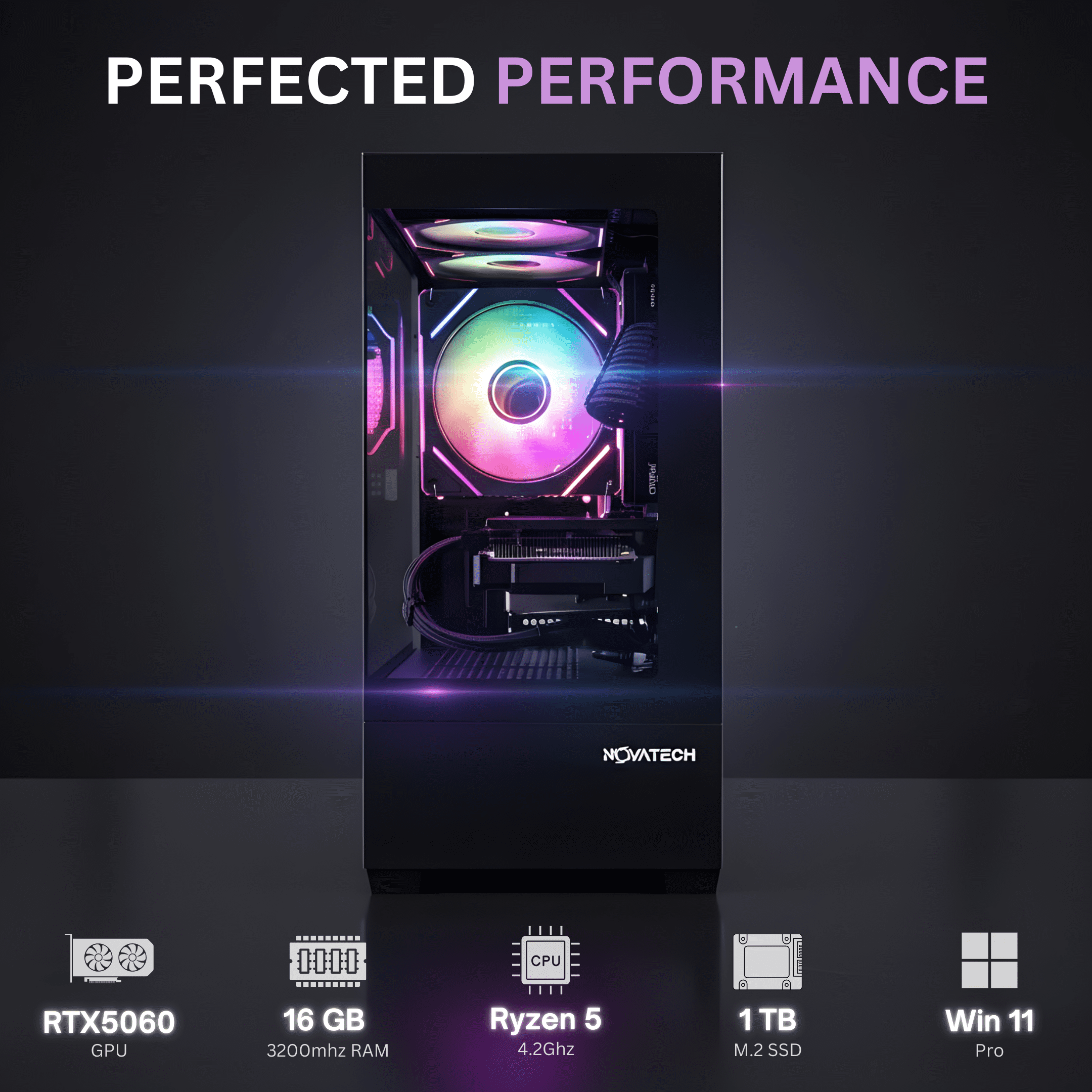 Novatech Titan Pro - Prebuilt Gaming PC Desktop Computer - RTX 5060 - Ryzen 5 - 4.2GHz - 16GB RAM - 1TB M.2 SSD WiFi/BT, Win 11 - Gaming Computer Tower - Pre Built PC Gaming - 1 Year Warranty